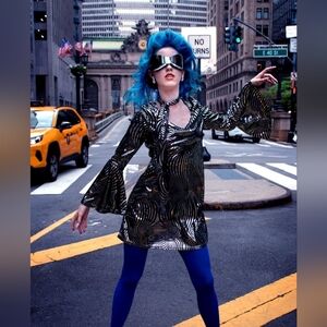 Charades Pyschedelic Swirl Disco Diva Halloween Costume Dress S Silver Shiny